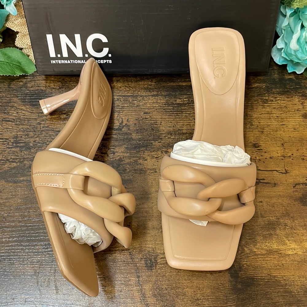 INC International Concepts Jemya Mid-Heel Slide Sandals 9M Almond